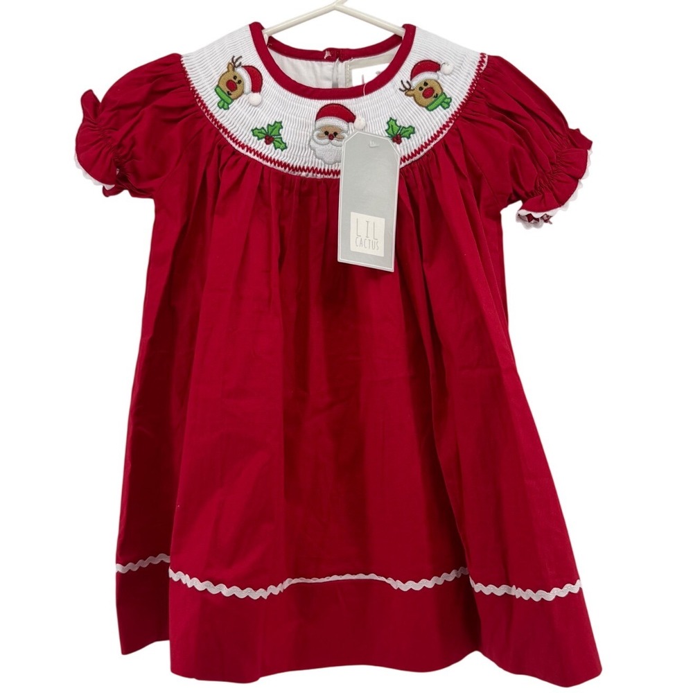 Lil Cactus Red Santa Reindeer Smocked Christmas Dress 12-18M NET MSRP $42